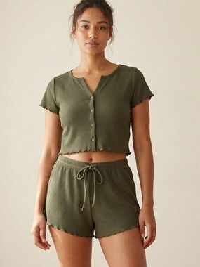 Green Waffle Knit Matching Set Boxy Cropped Button Up Top High Waist Shorts L